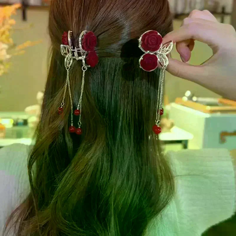 Vintage Elegant Red Flocked Rose Tassel Hair Clip Stylish Ponytail Zpaxo