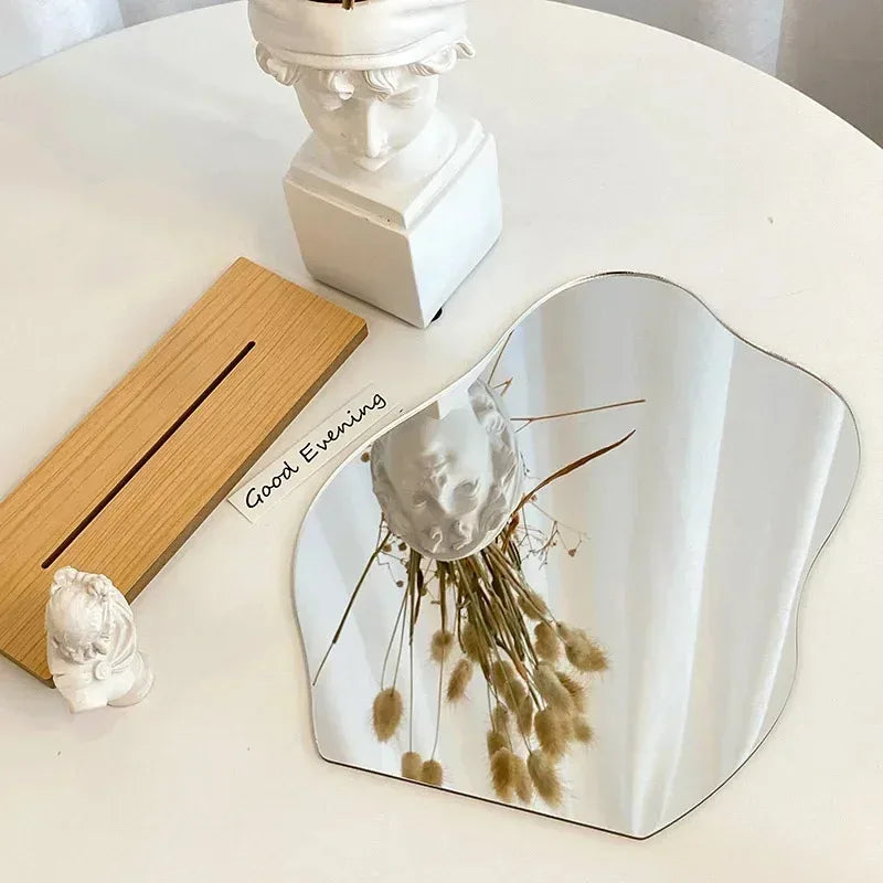 Decorative Mirror Acrylic Wooden Base Minimalist Irregular Makeup
