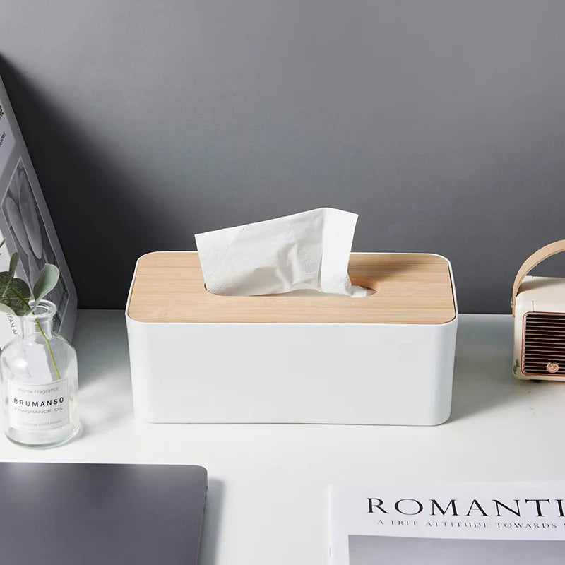 Multifunctional Desktop Tissue Holder Paper Box Wood Cover