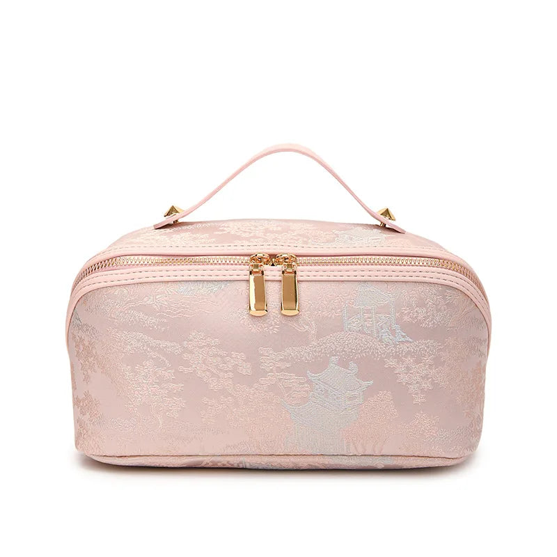 Chinese Style Embroidered Makeup Bag for Women, New Ins Large Capacity Commuting Storage Bag, Home High-end Handheld Wash Bag Zpaxo Pink