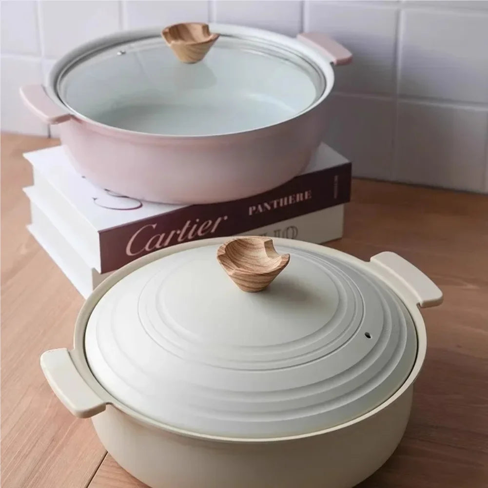 Double Ear Tabletop Soup Pot Induction Cooker Compatible Non-Stick Slow Cooker Small Hot Pot for Home Use Kitchenware Zpaxo Table pan 24cm pink