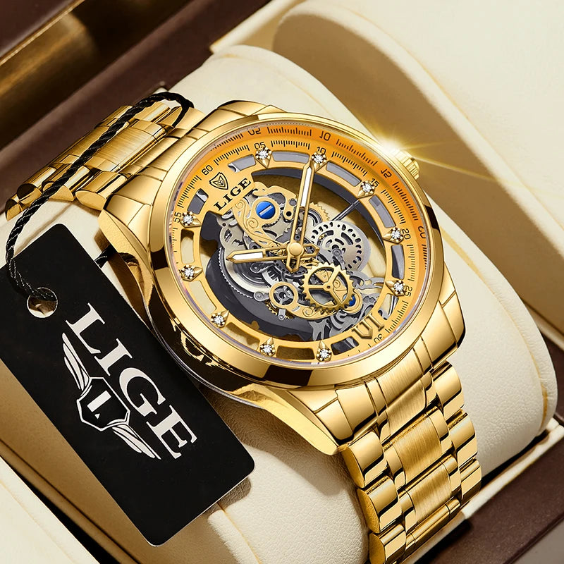 2025 LIGE Men Watch Skeleton Automatic Quartz Watch Gold Skeleton Vintage Man Watch Mens Watches Top Brand Luxury часы мужские Zpaxo