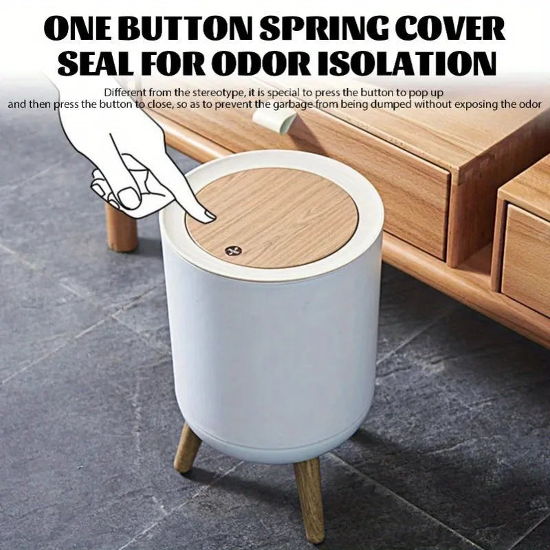 Trash Can Lid Foot Press Dustbin Wooden Grain Waste Bin Kitchen