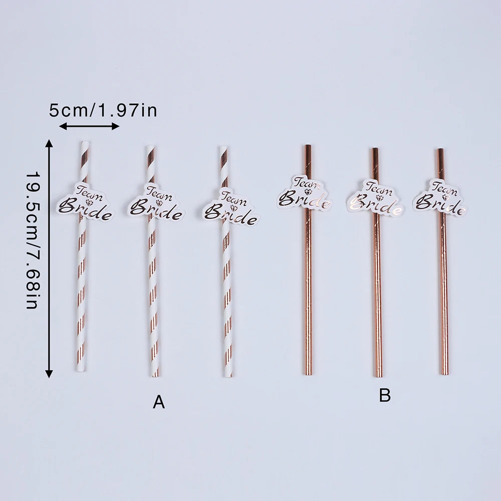 10Pcs Party Straws Team Bride Rose Gold Foil Paper Drinking Straws Bridal Shower Wedding Hen Party Accessories Zpaxo