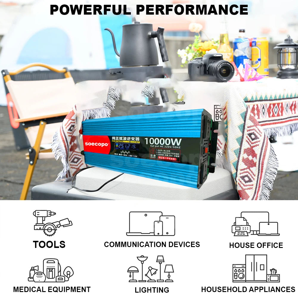 Pure Sine Wave Inverter 10000W Dual Voltage Design for Car/Trucks/E-Motorcycle/Home 12V/24V/48V/60V/72V to 110V/220V LCD Display Zpaxo