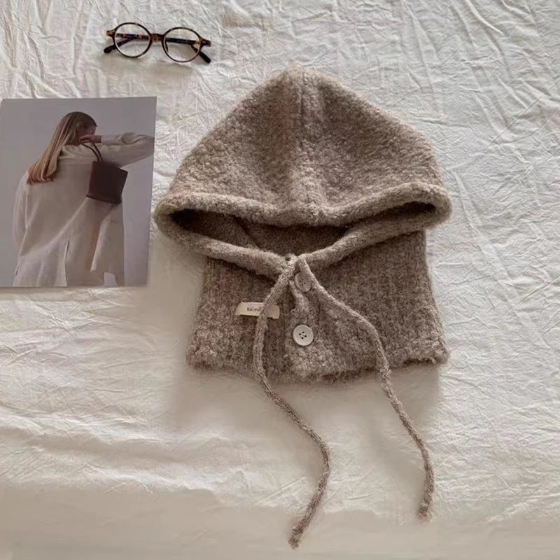 Korean Hat Scarf Women's Autumn Winter Warm Ear Protection Hooded Zpaxo Khaki one size