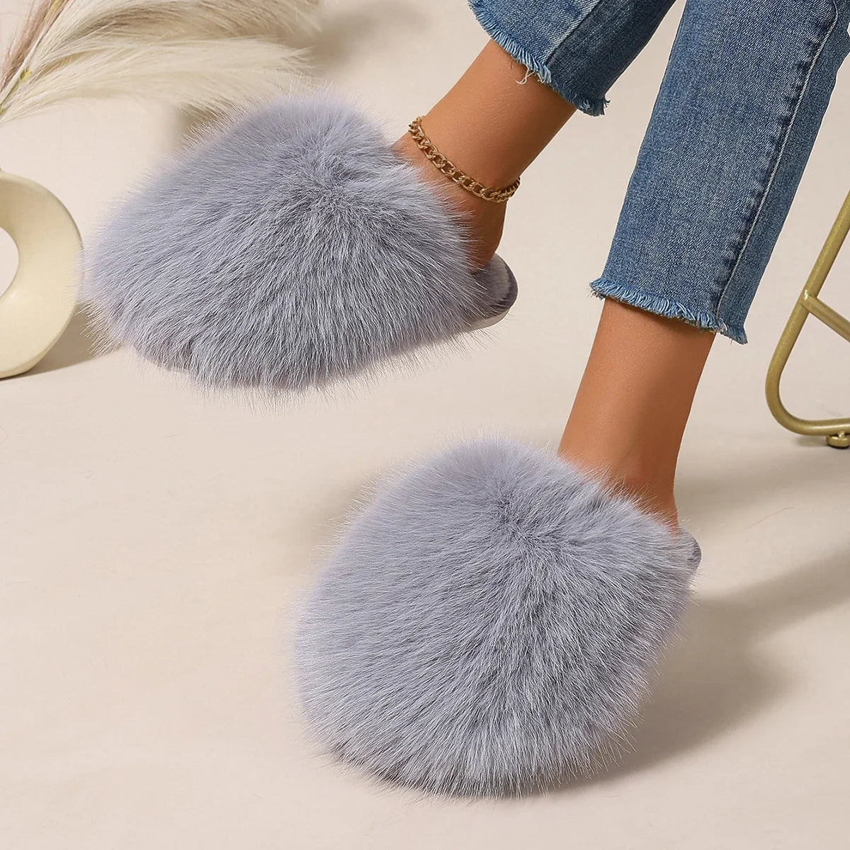 Women Indoor Slippers Autumn Winter Faux Fur Home Shoes Women Soft Sole Fashion Warm Fluffy Slippers Solid Baotou Slides Women Zpaxo GRAY 38-39