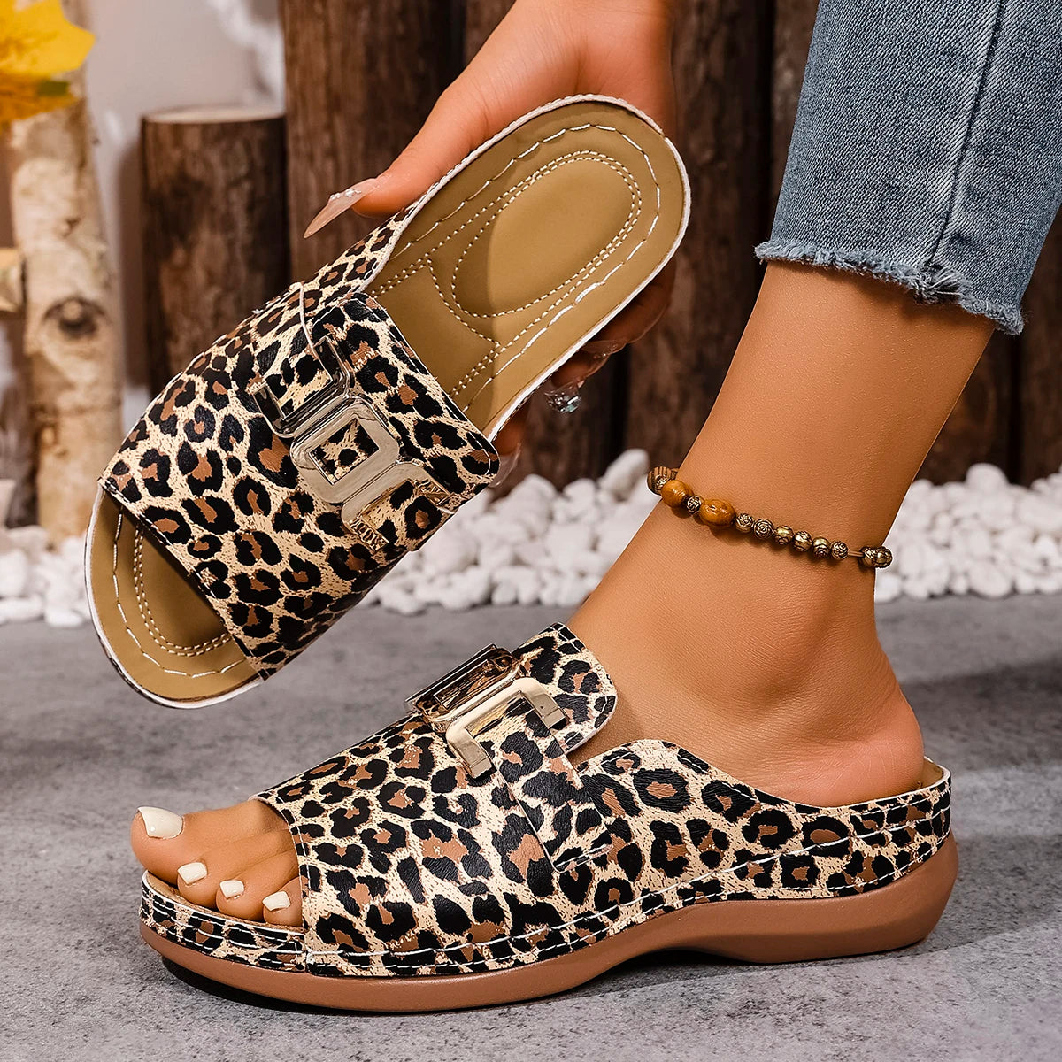 Women Platform Slippers Comfortable Round Shoes Slip Trend Casual Zpaxo Leopard print 42