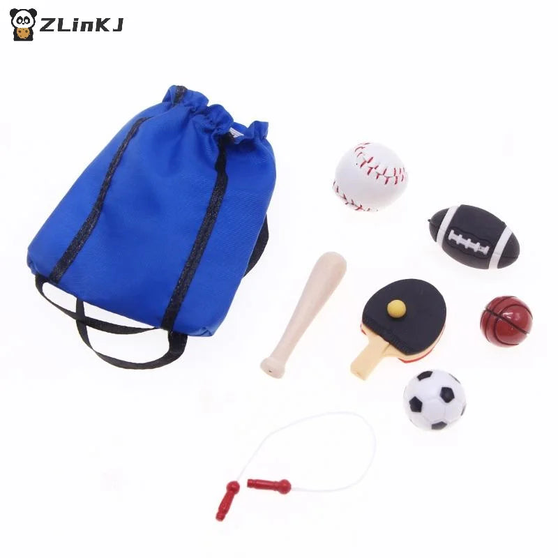 1/12 Dollhouse Simulation Mini Sports Equipment Kit Doll Basketball Football Rugby Skipping Rope Equipment Sport Scene Decor Toy Zpaxo