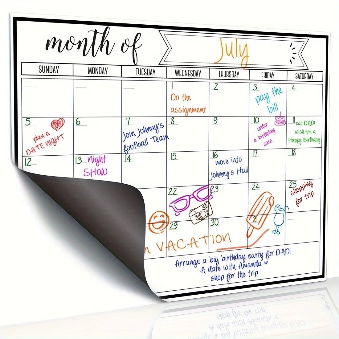 Magnetic Fridge Calendar Strong Backing Smooth Dry Erase Surface