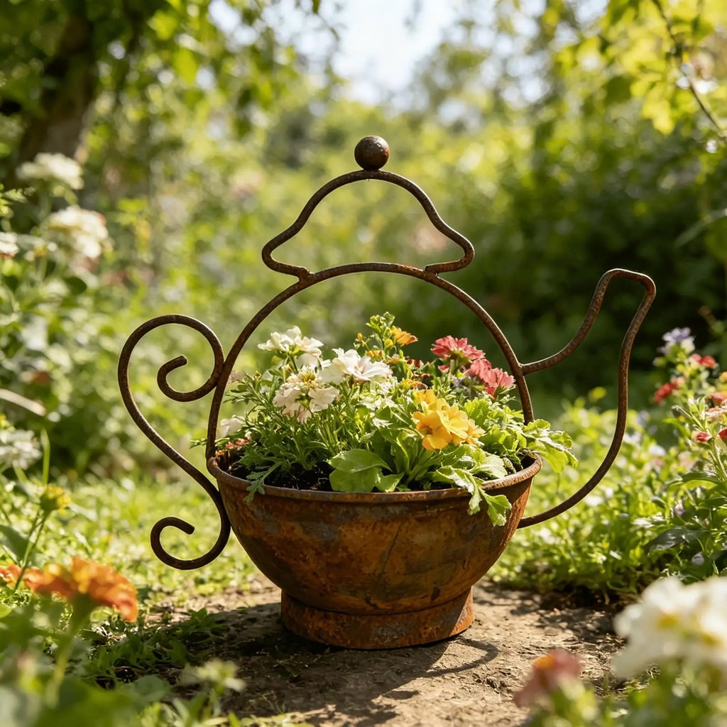 Decorative Outdoor Flower Pots Iron Kettle Shape Container Indoor Flower Pots for Front Porch Farmhouse Backyard Patio Lawn Park Zpaxo
