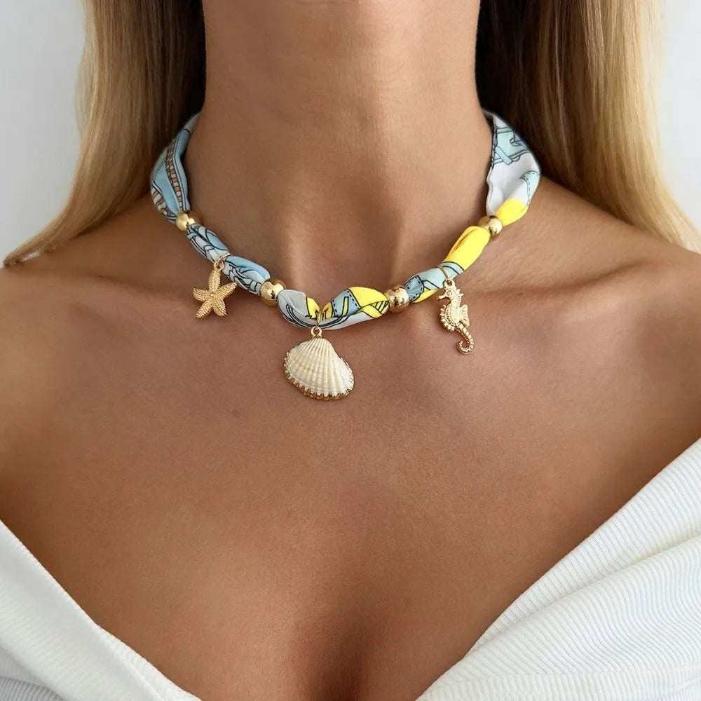 Bohemian INS Printed Scarf Necklace Stylish Lightweight Starfish Shell Necklace Trendy Comfortable Vacation Jewelry Zpaxo
