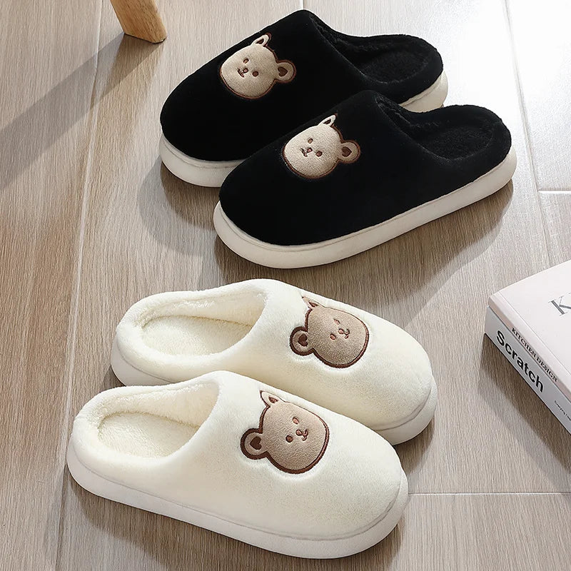 Cute Bear Cotton Slippers Woman Winter Indoor Non-slip Slides Plush