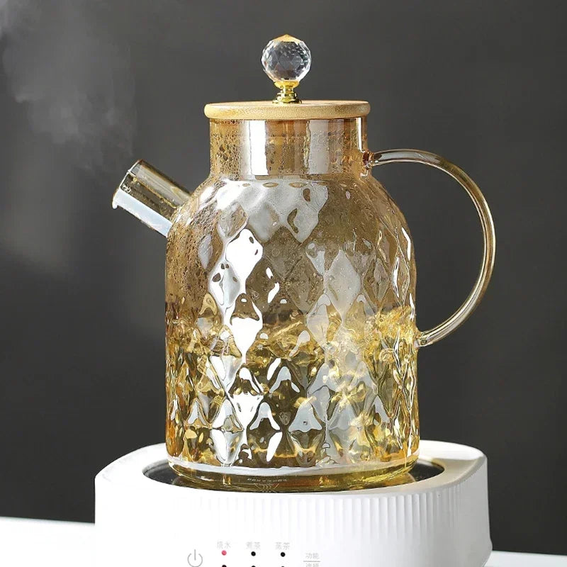 1/1.8L Glass Tea Kettle With Bamboo Lid And Removable Filter Spout Champagne Teapot For Loose Leaf Blooming Tea And Fruit Tea Zpaxo