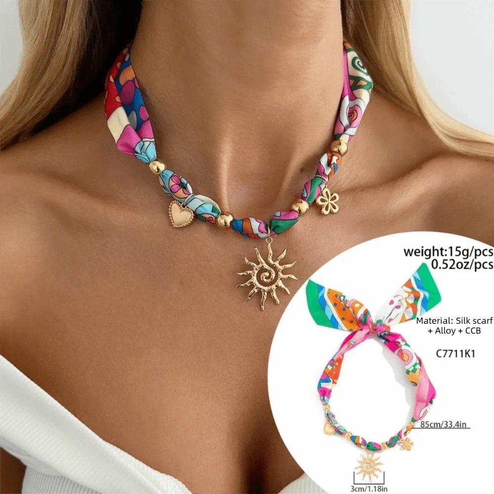 Bohemian INS Printed Scarf Necklace Stylish Lightweight Starfish Shell Necklace Trendy Comfortable Vacation Jewelry Zpaxo 3
