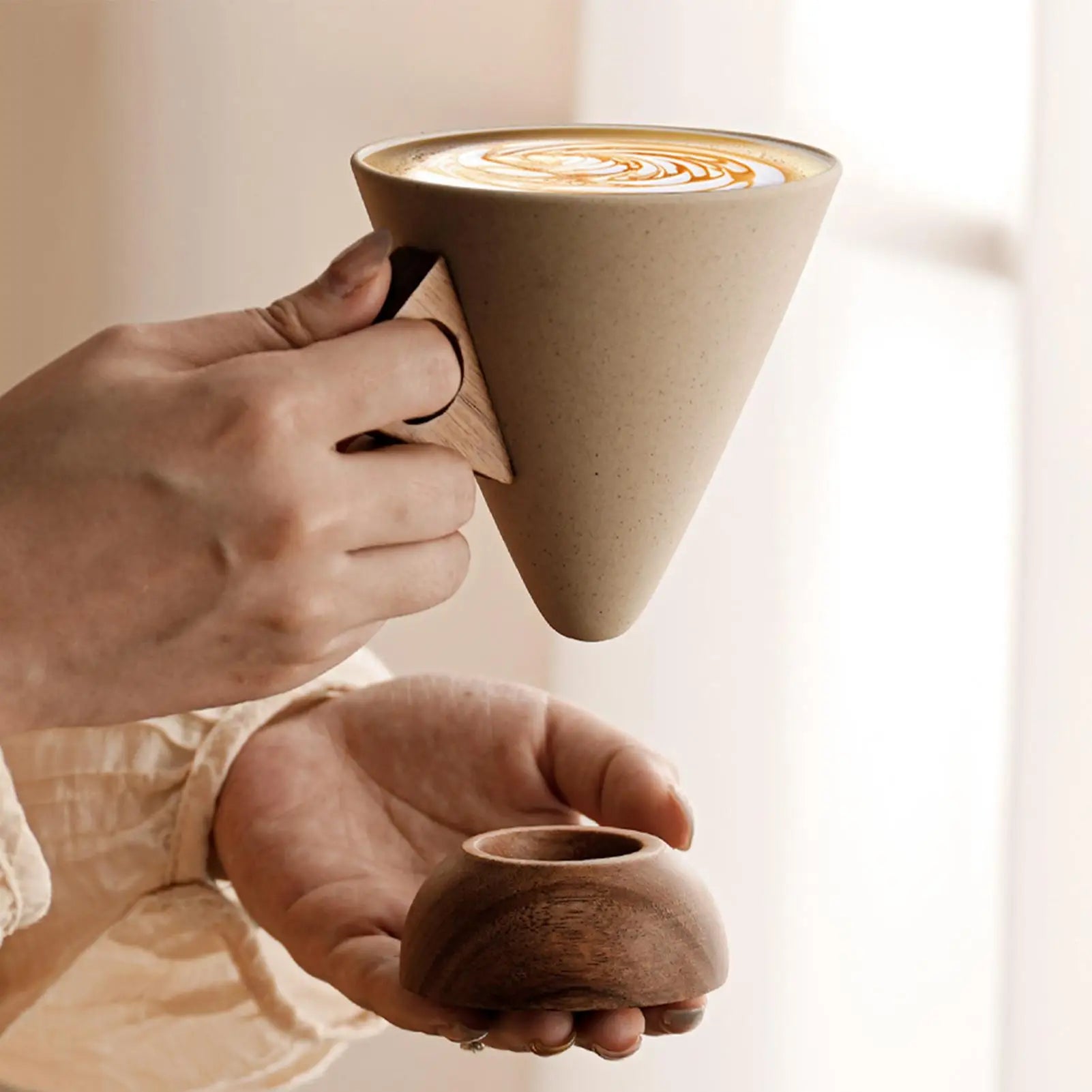 Cone Mug Retro Ceramic Drinkware Tea Cup Wooden Handle Base Coffee