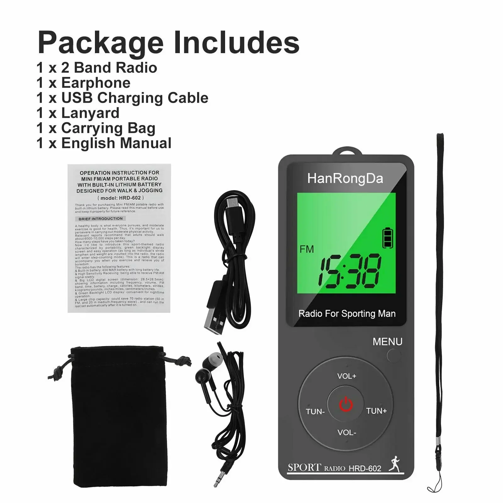 Portable AM FM Mini Radio LED Display Pedometer Headphones Digital