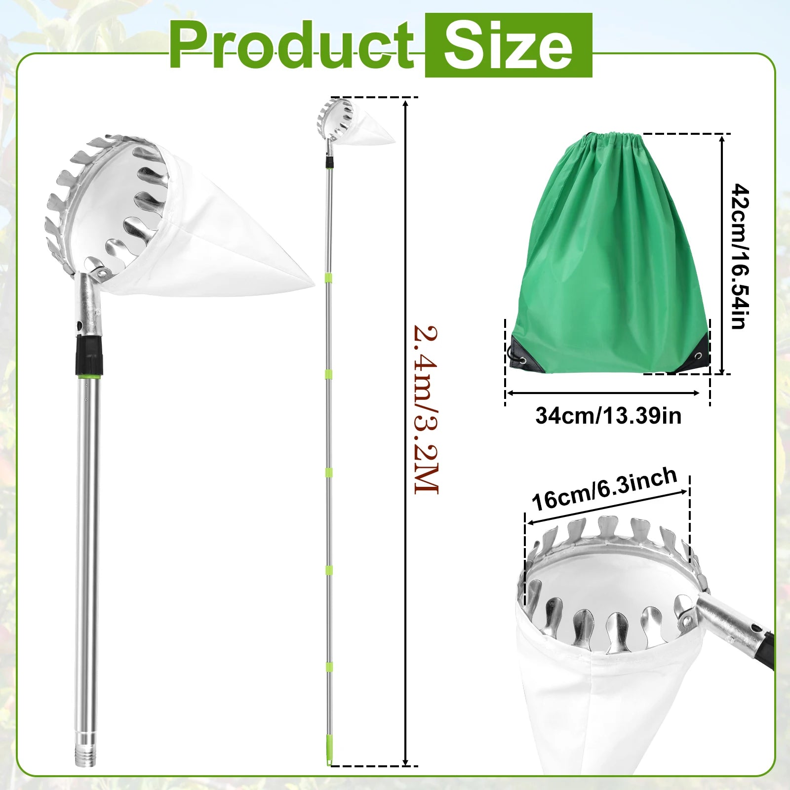 3.2M Fruit Picker Tool Metal Gardening Orchard Picking Tool with Storage Bag Fruit Catcher for Cherry Berry Orange Lemon Pear Zpaxo