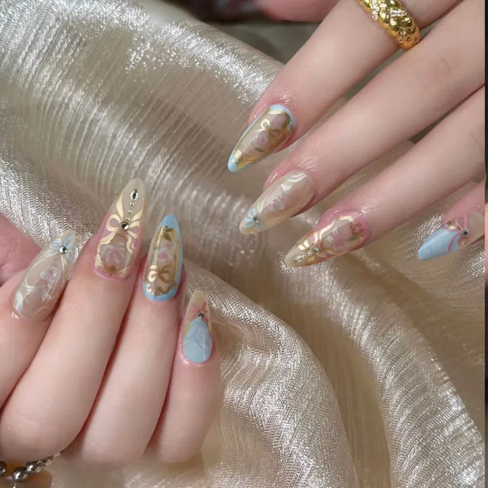 Long Almond False Nails French Leopard Star Press Fake DIY Manicure