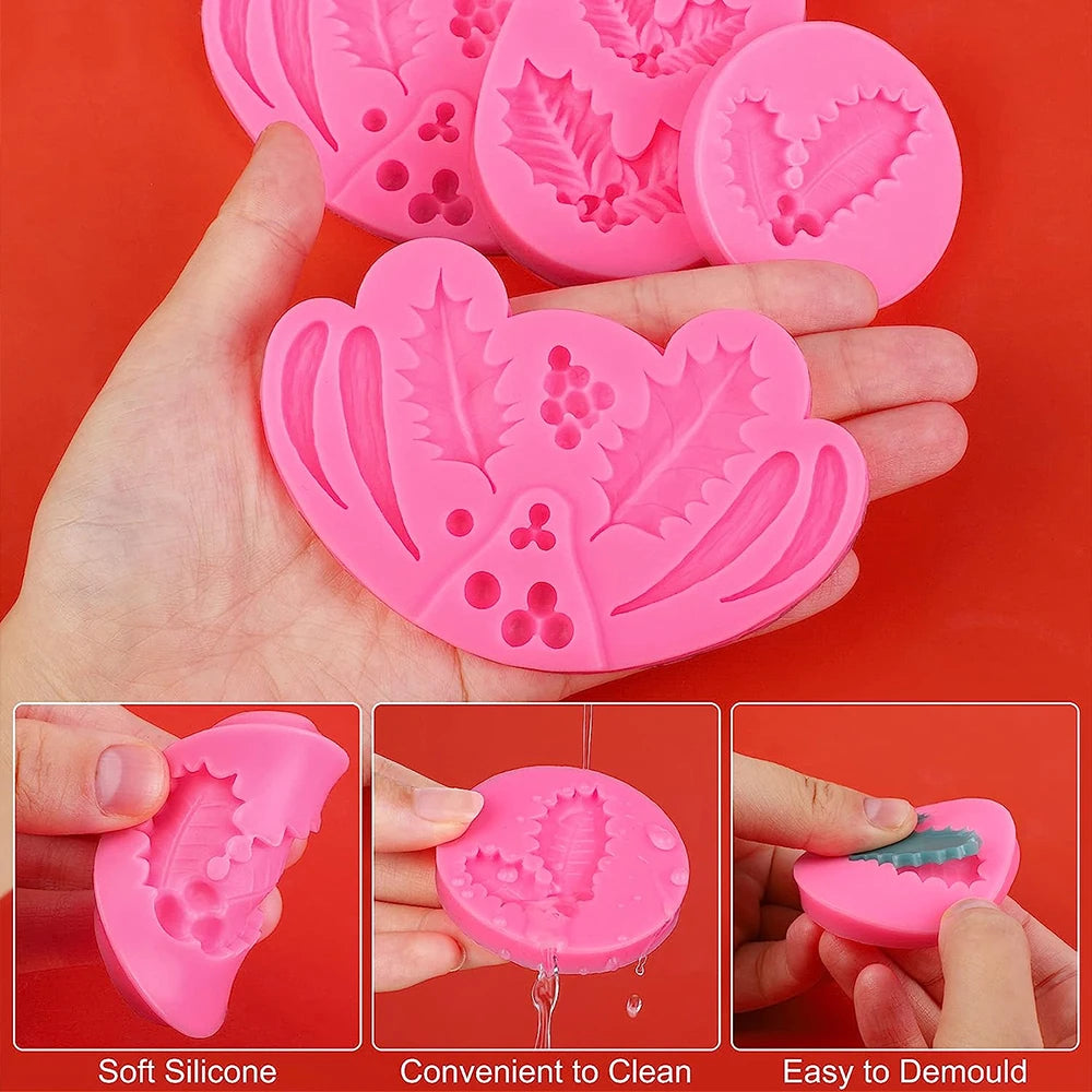 3Pcs Christmas Holly Leaves Silicone Molds Holly Leaf Fondant Chocolate Dessert Cake Decorating Baking DIY Art Crafts Making Zpaxo