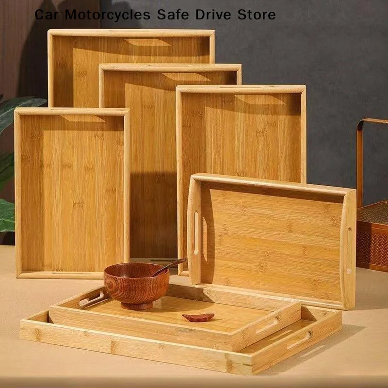 MJapanese-Style Serving Tray Bamboo Handles Rectangular Tea Breakfast