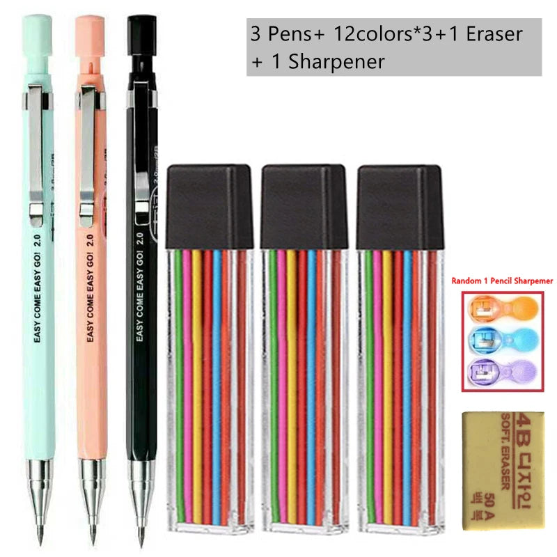 2.0mm Mechanical Pencils Set 2B Automatic Student Pencils Color/Black Lead Refills Art Drawing Pencil Sketch School Stationery Zpaxo