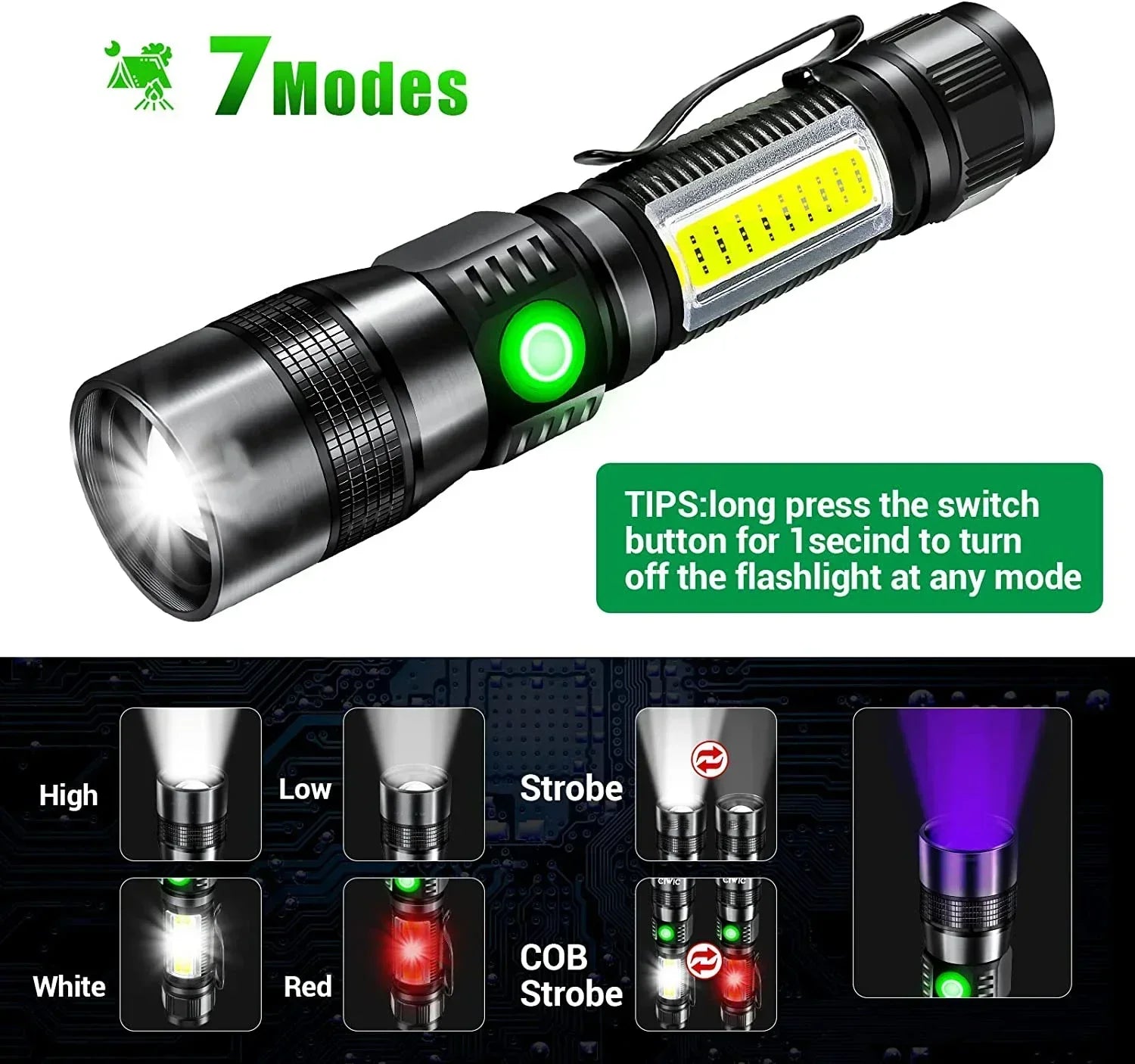 UV LED Flashlight USB Rechargeable 1200 Lumen 7-Mode Torch