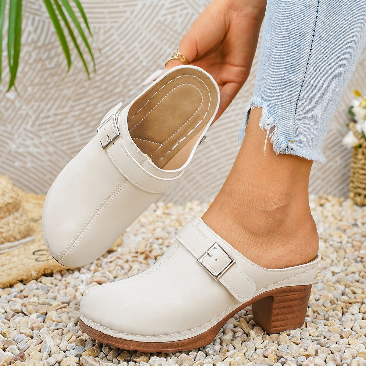 Women Sandals 2026 Summer Heels Open Toe Chunky Slippers Female Zpaxo Beige 37