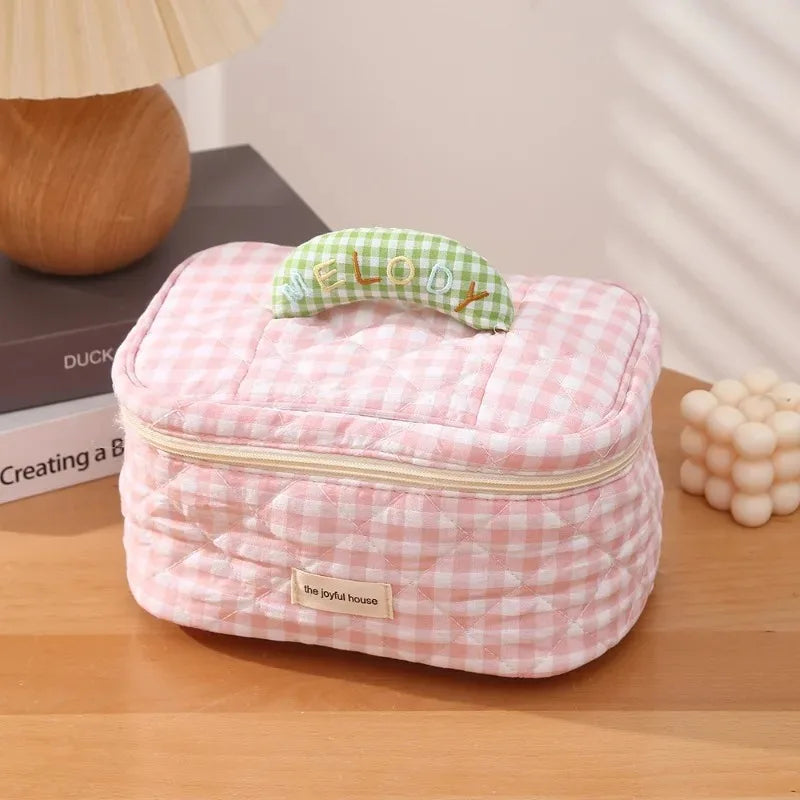 Korean Checkered Cotton Makeup Bag – Large Travel Cosmetic Pouch Travel Cosmetic Bag Zpaxo