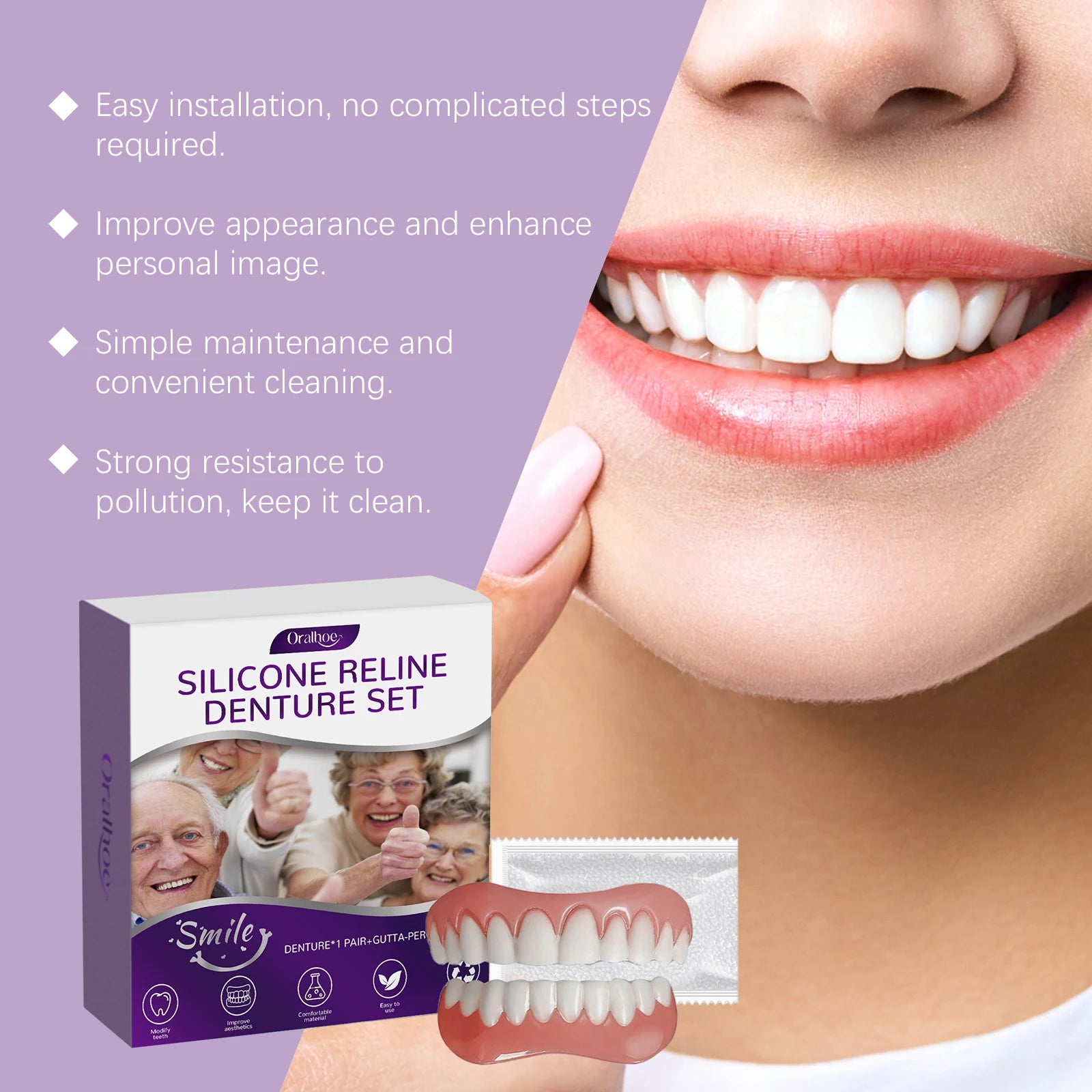 Denture Beautifying Set, Soft Flexible Natural, Comfortable Material, Practical Teeth Cosmetic & Care Kit for Better Smile Zpaxo