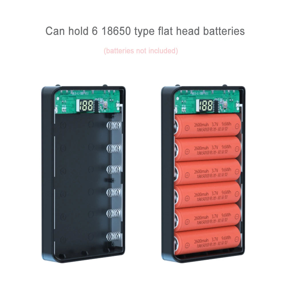 Fast Charging Dual USB Micro USB Type C Power Bank Shell 5V DIY 6*18650 Case Battery Charge Storage Box With Flashlight Zpaxo