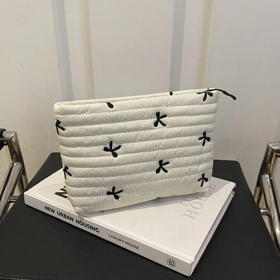 Cute Makeup Bag with Zipper Large Capacity Cosmetic Bag Embroidery Bow Wash Storage Bag Zpaxo Ivory