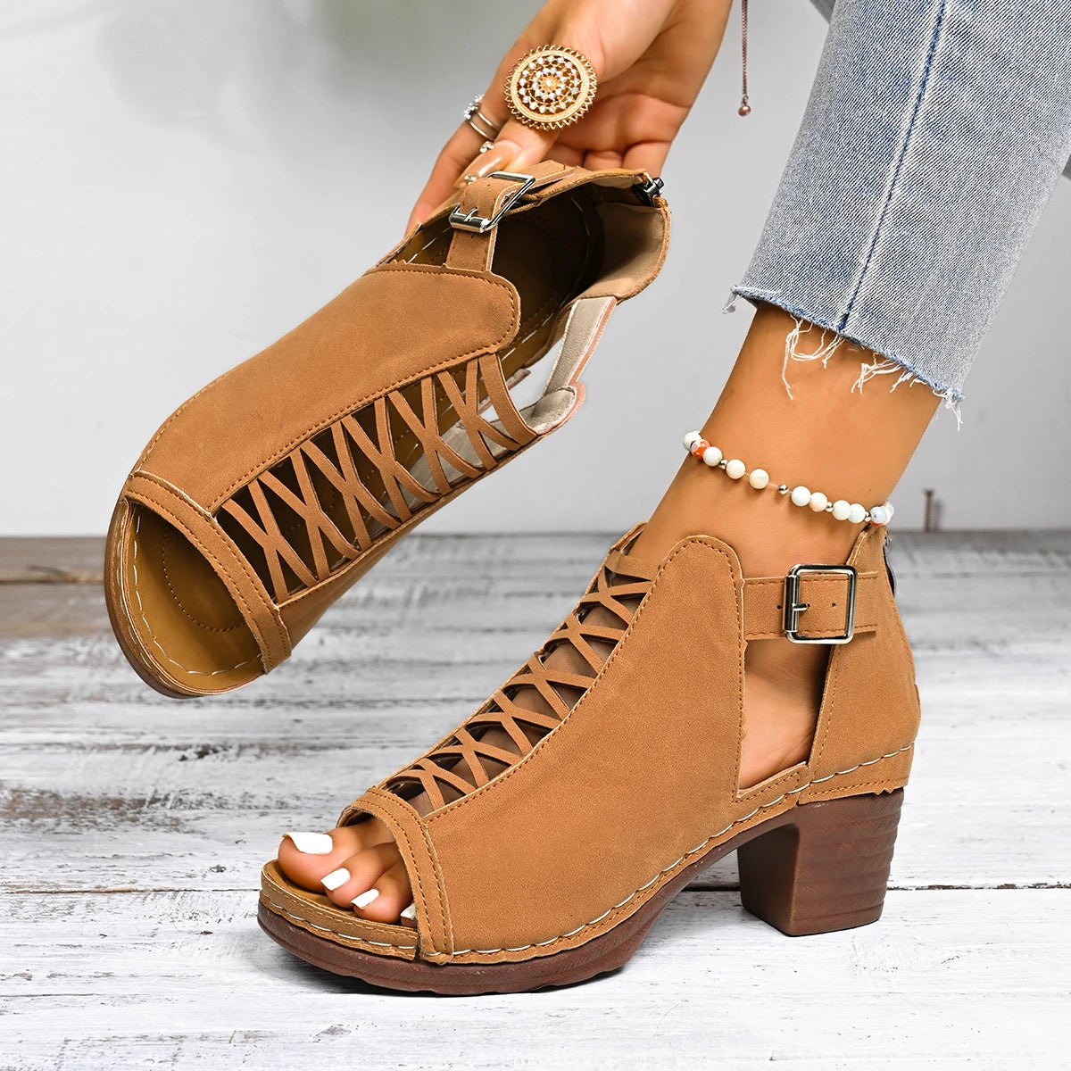 Summer Women Sandals Bundled Wedding Versatile Shoes Thick Heel Zpaxo Brown 36