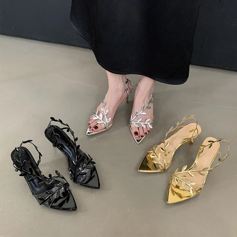 Golden Branch Jade Leaves Heel Sandals Non-slip Thin Pointed Toe Gold Zpaxo