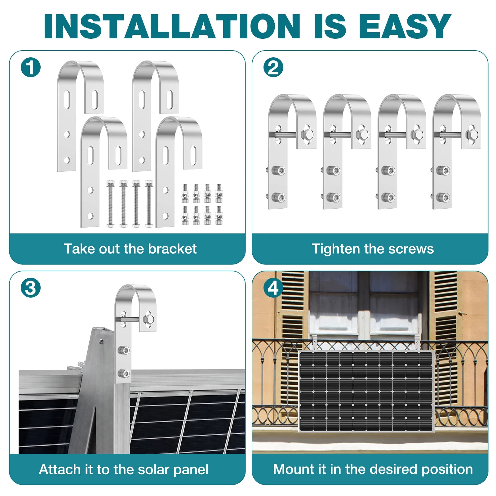Balcony Power Station Bracket 304 Stainless Steel Solar Panel Mounting Hooks Set Drill Free PV Module Railing Clamp For Garage R Zpaxo