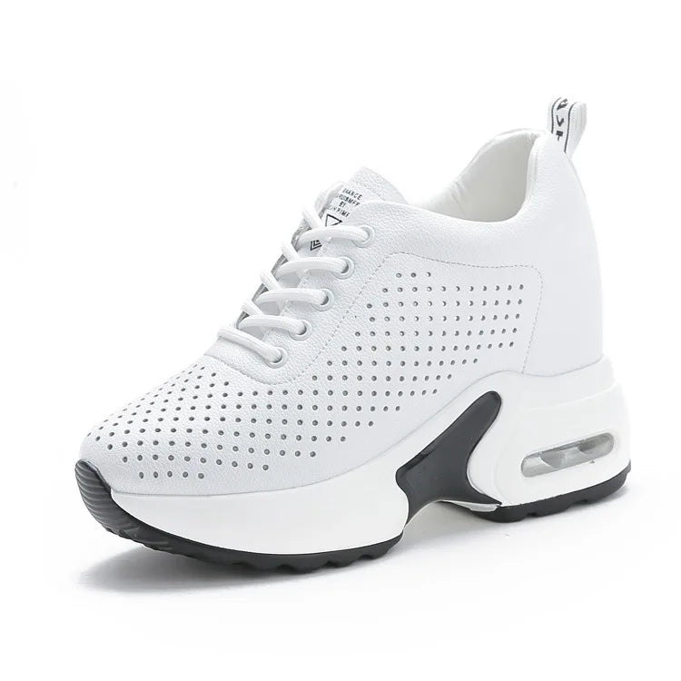 White Perforated Leather Wedge Sneakers Women Lace Up Design Round Zpaxo Hollow White 37 China Mainland