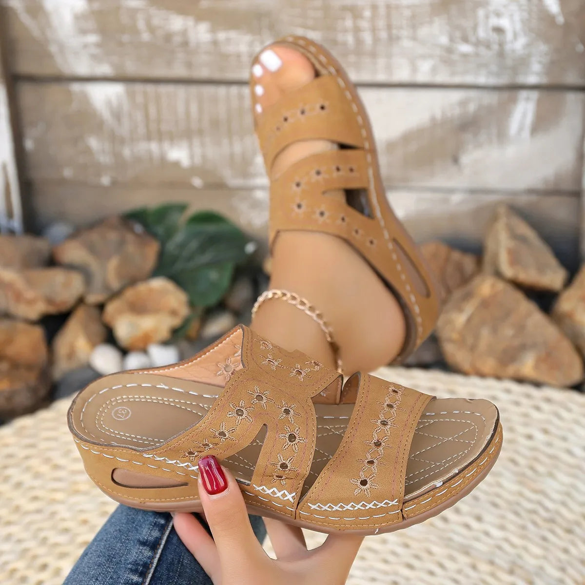 Women Wedge Sandals Orthopedic Open Toe Vintage Anti-slip Leather Zpaxo light brown 39