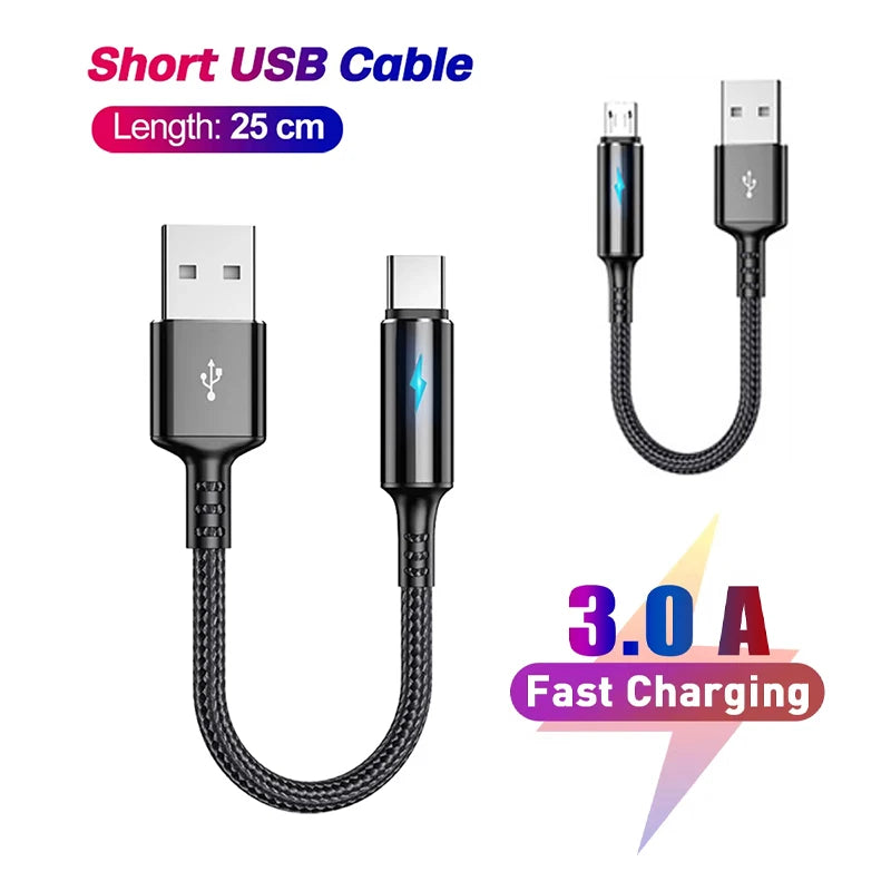 0.25m Short Cable Micro USB Cable Type C Data Cord Fast Charging Portable Wire For Power Bank iPhone 15 Samsung Android Phone Zpaxo
