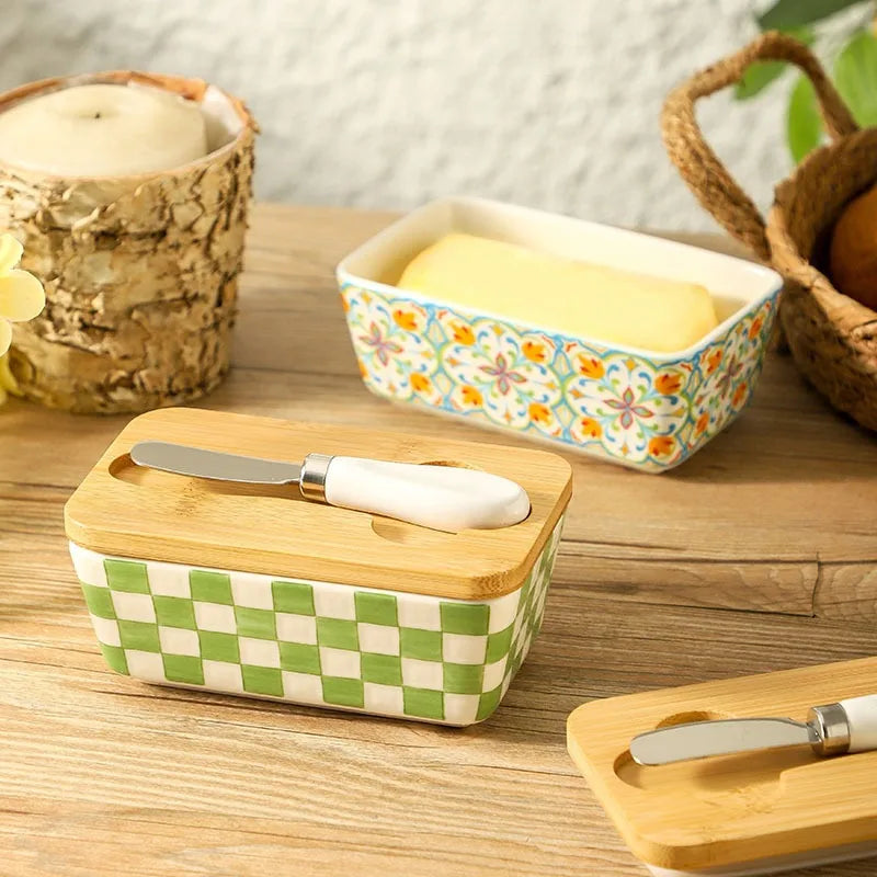 350ML Rural Style Ceramic Butter Box with Knife and Cover, American Household Cross-border Cheese Kitchen Storage Box Zpaxo