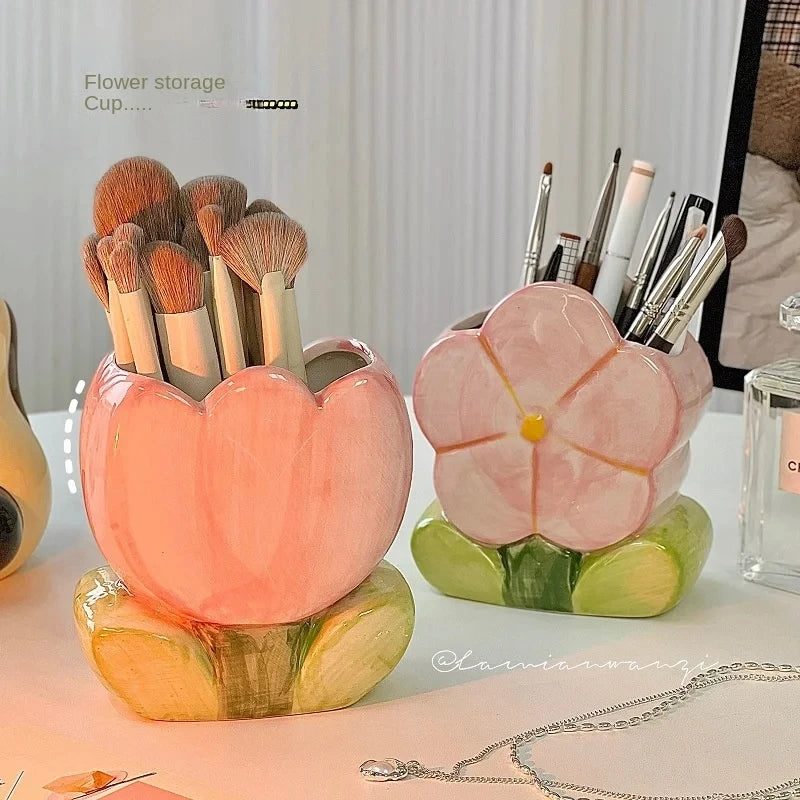 Flower Pen Holder Ceramic Desktop Decoration Cute Girl Desk Office