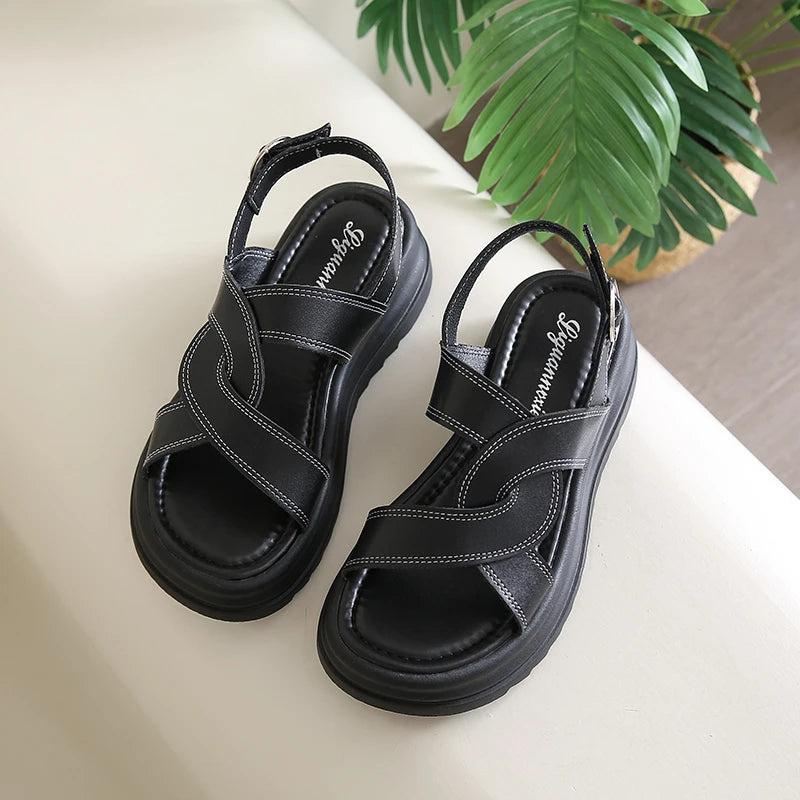 Women's Fashion Sandals New Outer Hollow Breathable Baotou Buckle Roman Shoes Anti-slip 2025 High-heeled Thick-soled Women Shoes Zpaxo