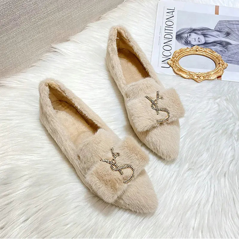 Flats Shoes for Women 2024 New Autumn Pointed Flat Mink Fur Winter Shoes Velvet Women's Loafers Ladies Shoes Plus Size 41 42 43 Zpaxo