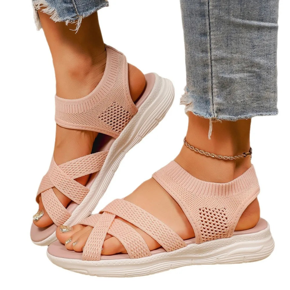 Large Flat Bottom Sandals Women's Breathable Elastic Sporty Summer