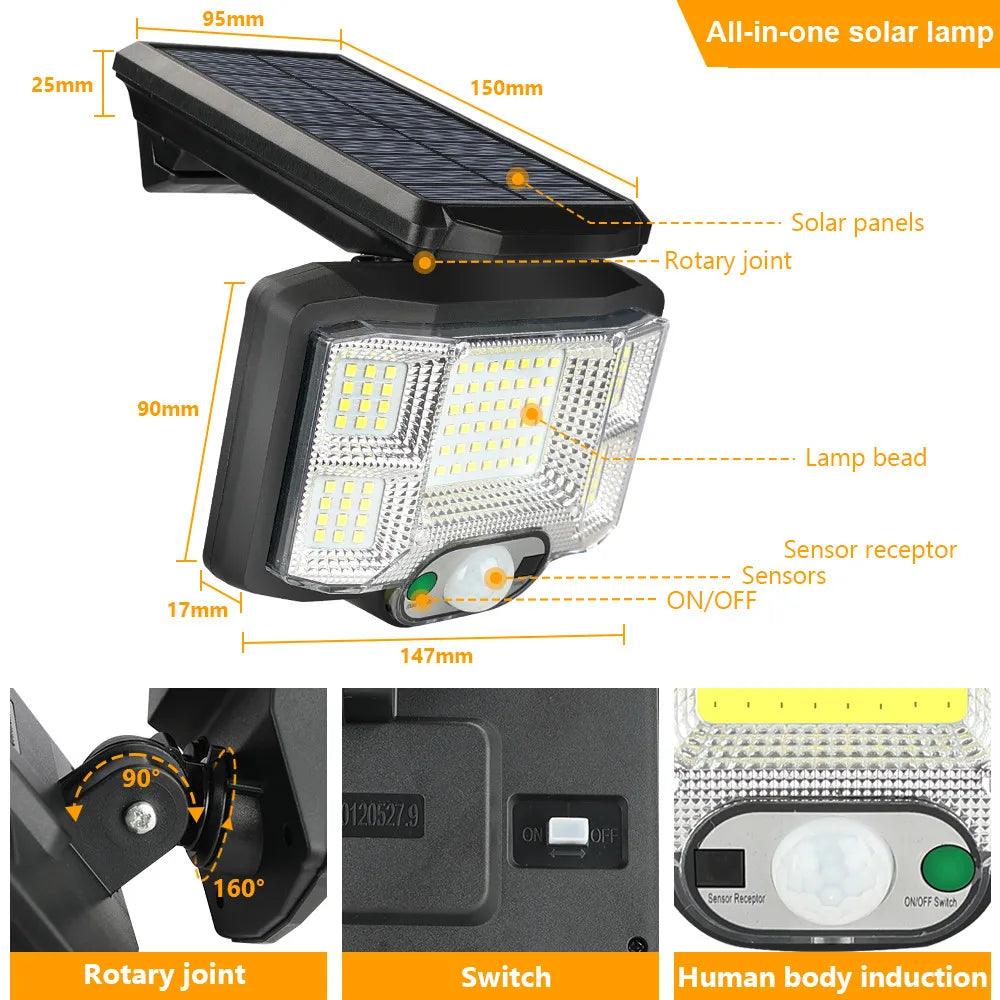 Solar Sensor Lights 168 LED COB Split Outdoor Waterproof Garden Wall Zpaxo