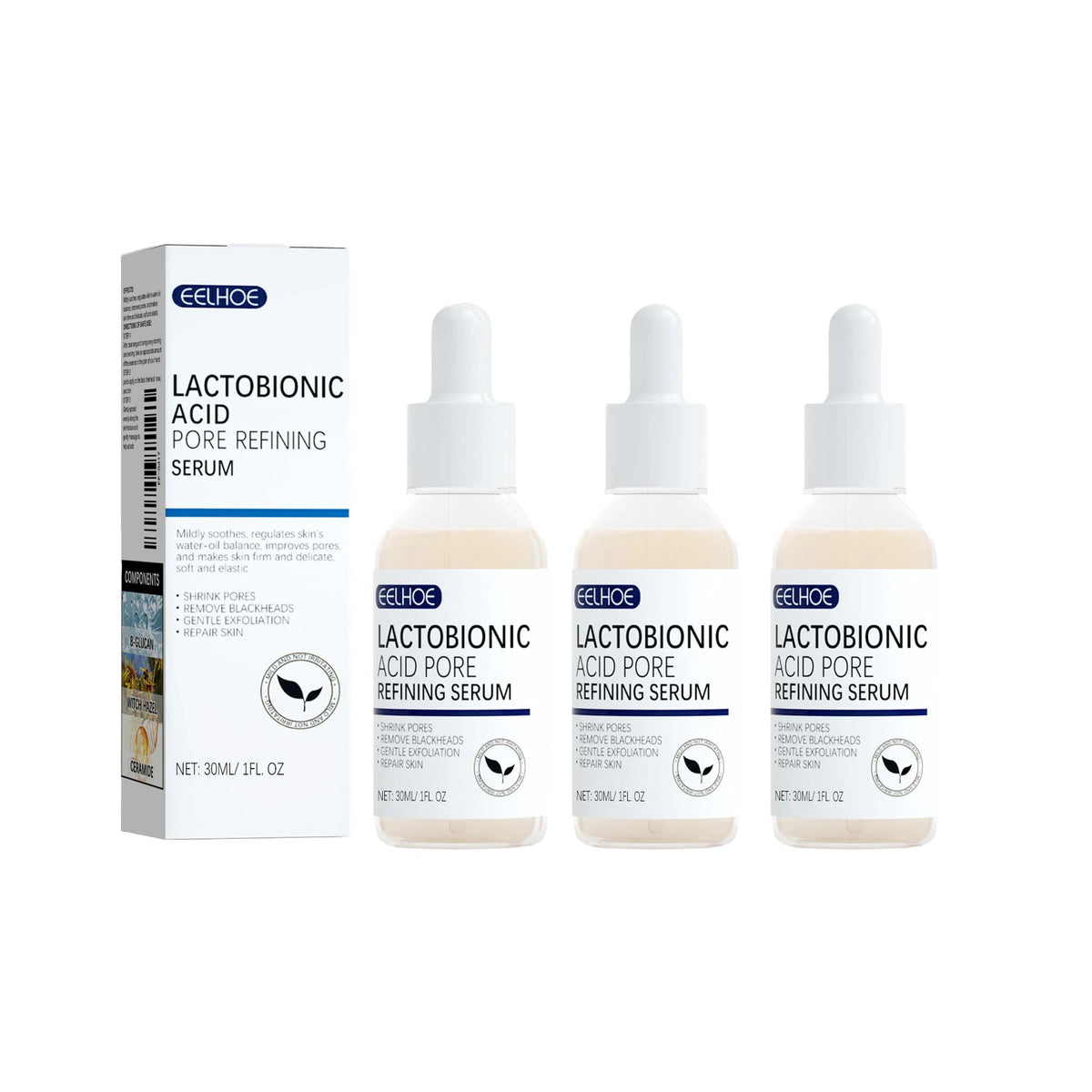 EELHOE Lactobionic Acid Pore Shrink Face Serum Skin Repair Remove Blackheads Acne Skin Care Lasting Moisturizing Korean Cosmetic Zpaxo 3PCS