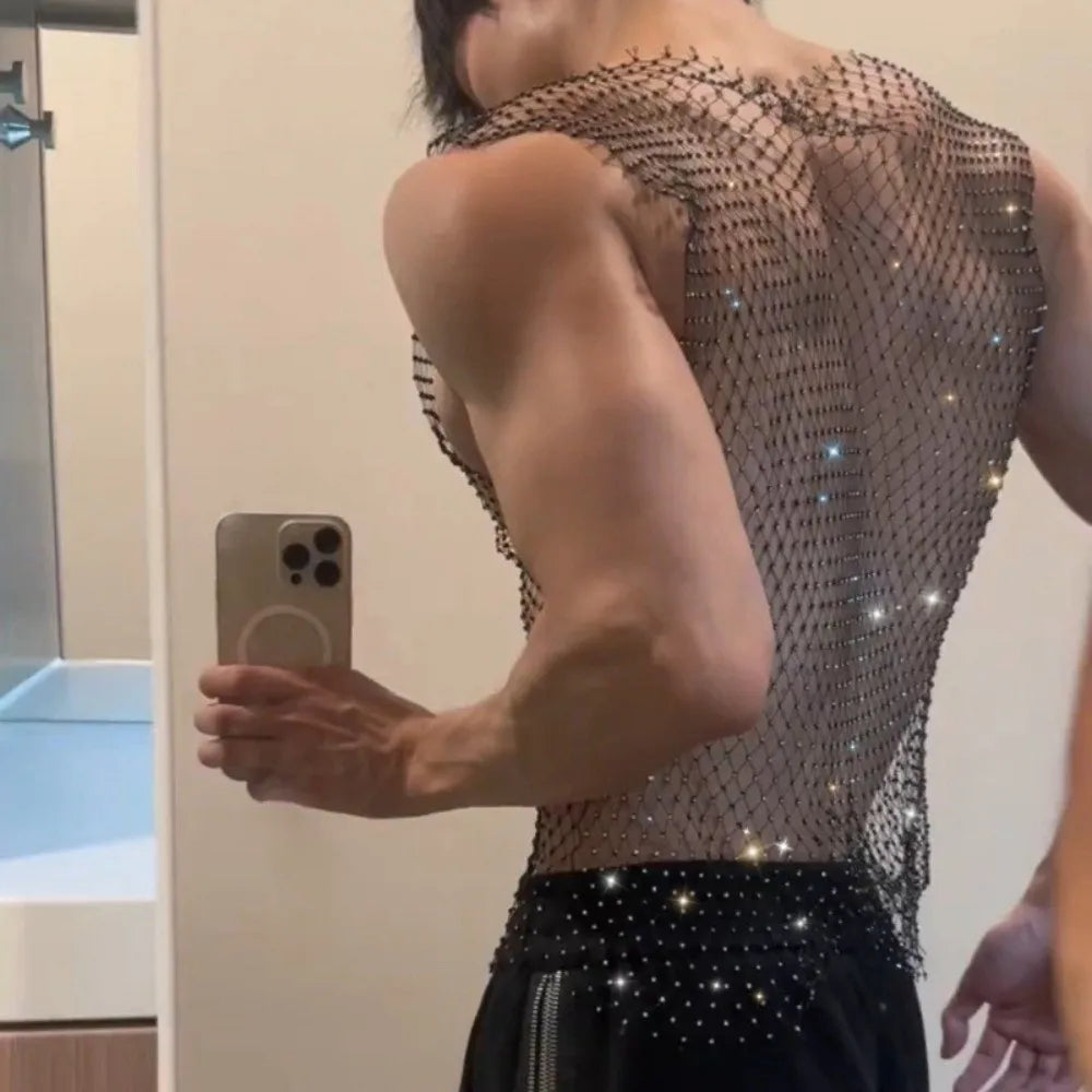 Sexy Style Rhinestone Decorated Men Tank Tops Tight Fit Hollow Design Fishnet Vest Elastic Fabric Mesh T-Shirt Zpaxo
