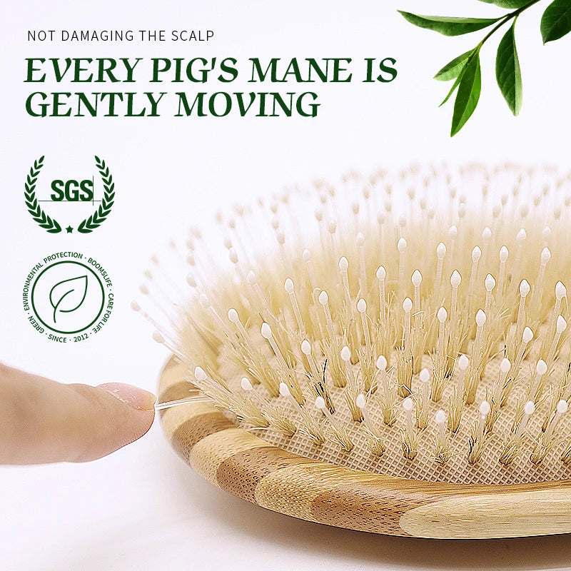 BOOMSLIFE Custom White Boar Bristle Bamboo Hair Brush Mix Nylon Women Massage Scalp Wood Comb for Hair Beauty Barber Accessories Zpaxo