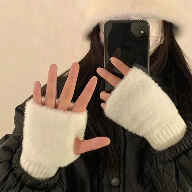 Autumn Winter Soft Mink Fleece Half Finger Gloves Women Plush Knitted Fingerless Gloves Wrist Mittens Driving Writting Gloves Zpaxo