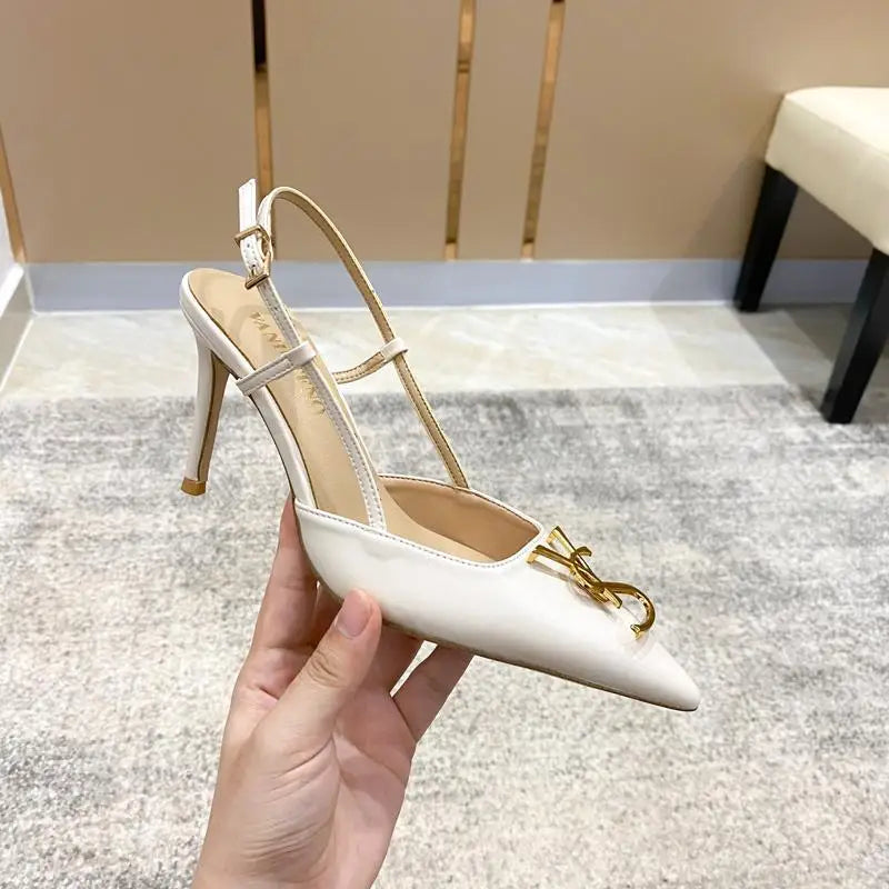 Sandals Women's Shoes Summer New Popular Metal Button Baotou Fashion Thin Heel Pointed Back Strap Single Shoes Sandales Zpaxo