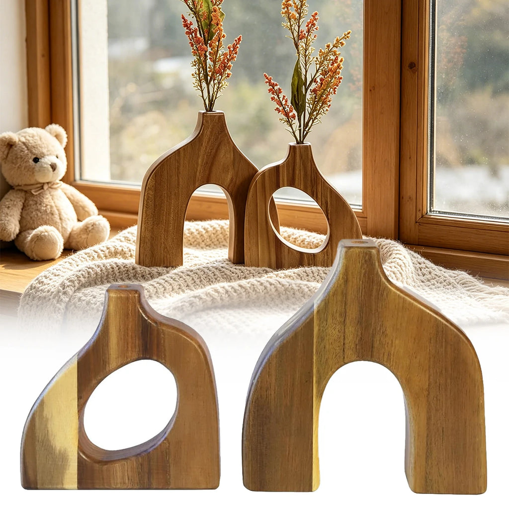 2-Pack Wooden Vases – Scandinavian Tabletop Centerpiece Decor
